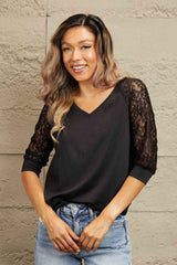 Double Take V-Neck Spliced Lace Raglan Sleeve Top Black / S