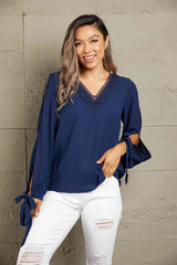 Double Take V-Neck Tie Cuff Slit Blouse