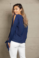 Double Take V-Neck Tie Cuff Slit Blouse