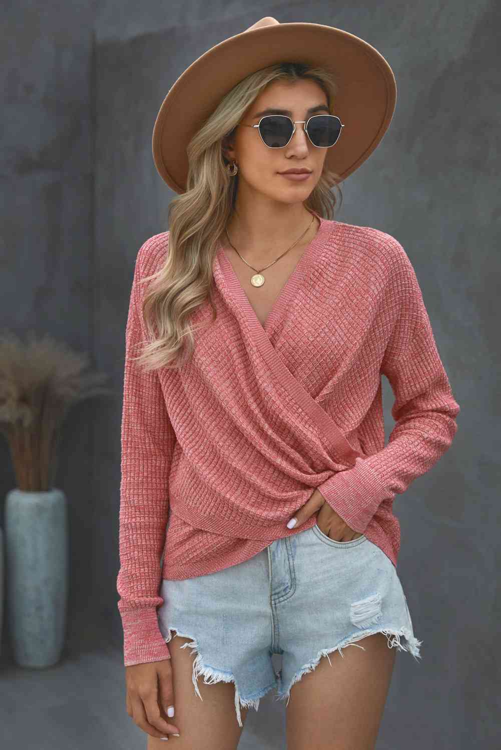 Double Take V Neck Wrap Front Knitted Top Salmon / S