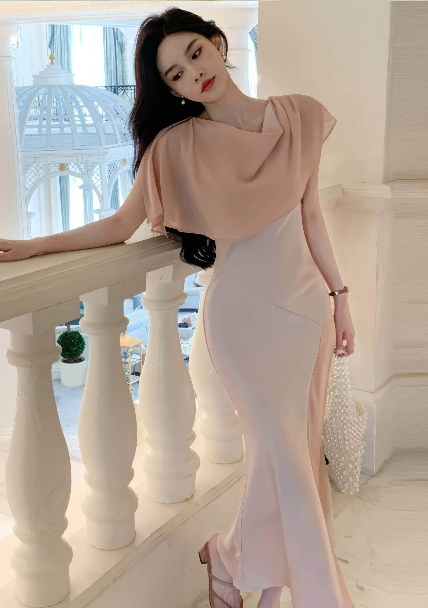 Draped Cape Silk Mermaid Dress