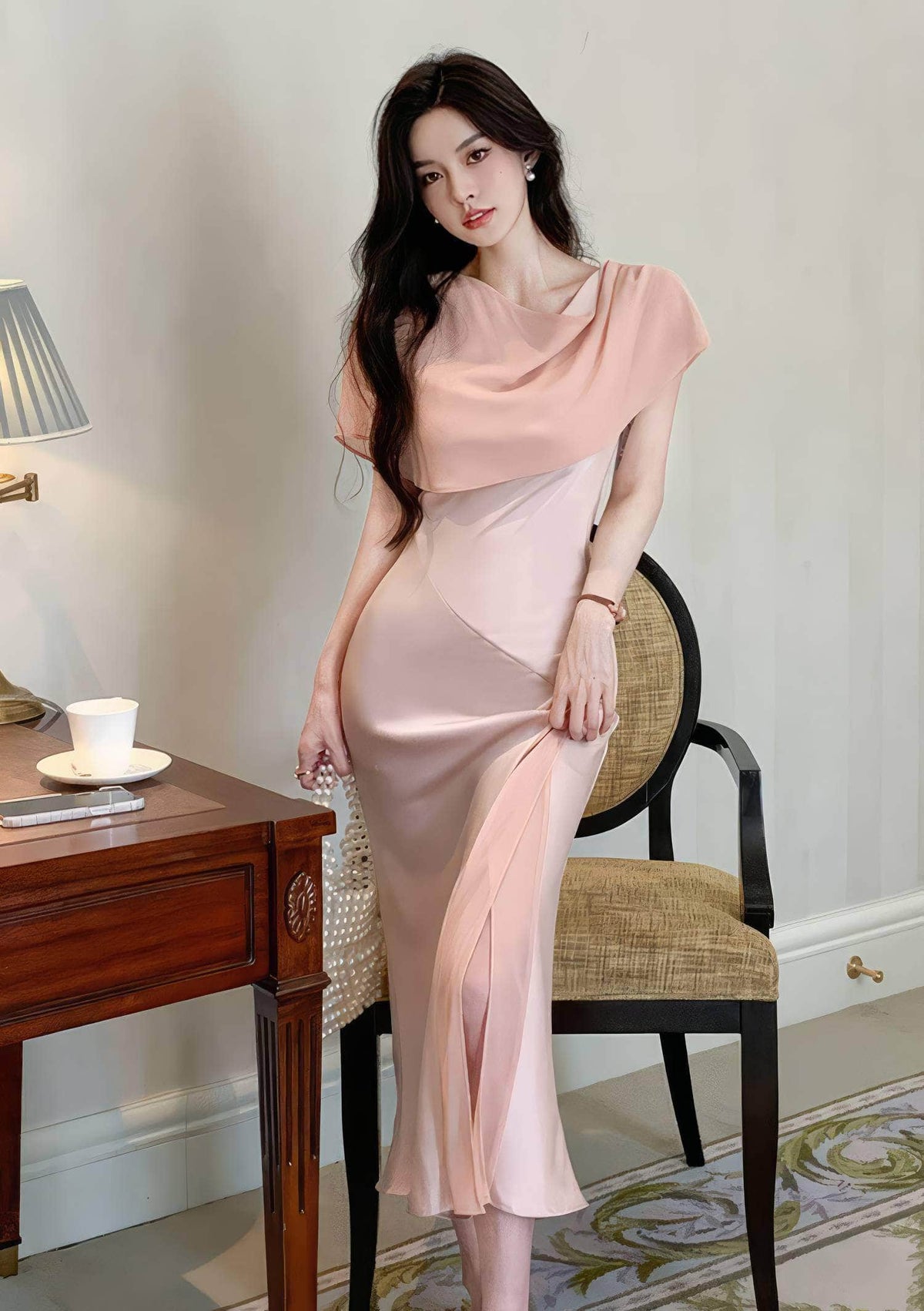 Draped Cape Silk Mermaid Dress S / LightPink