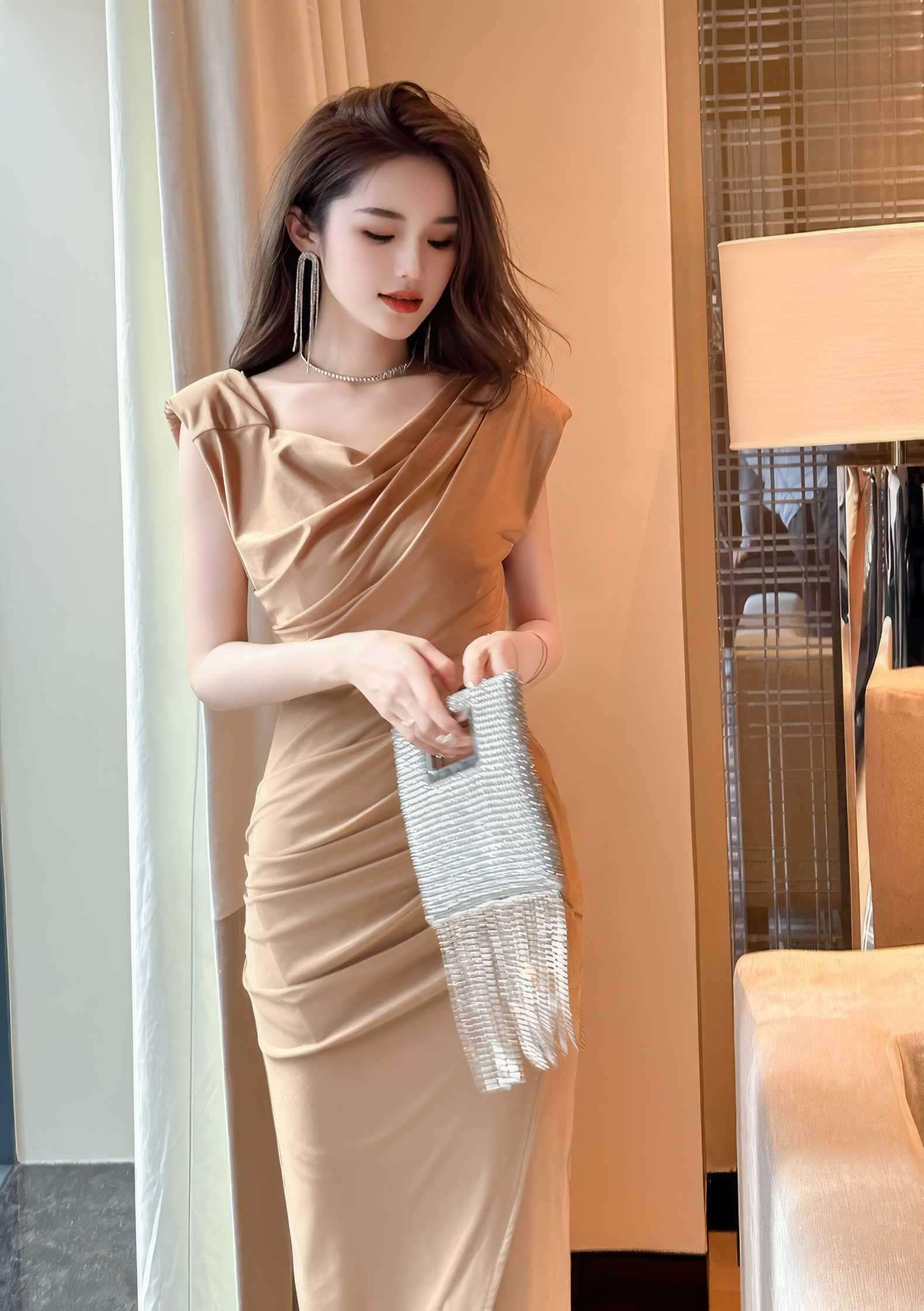 Draped Pleated Front Slit Slim Fit Dress