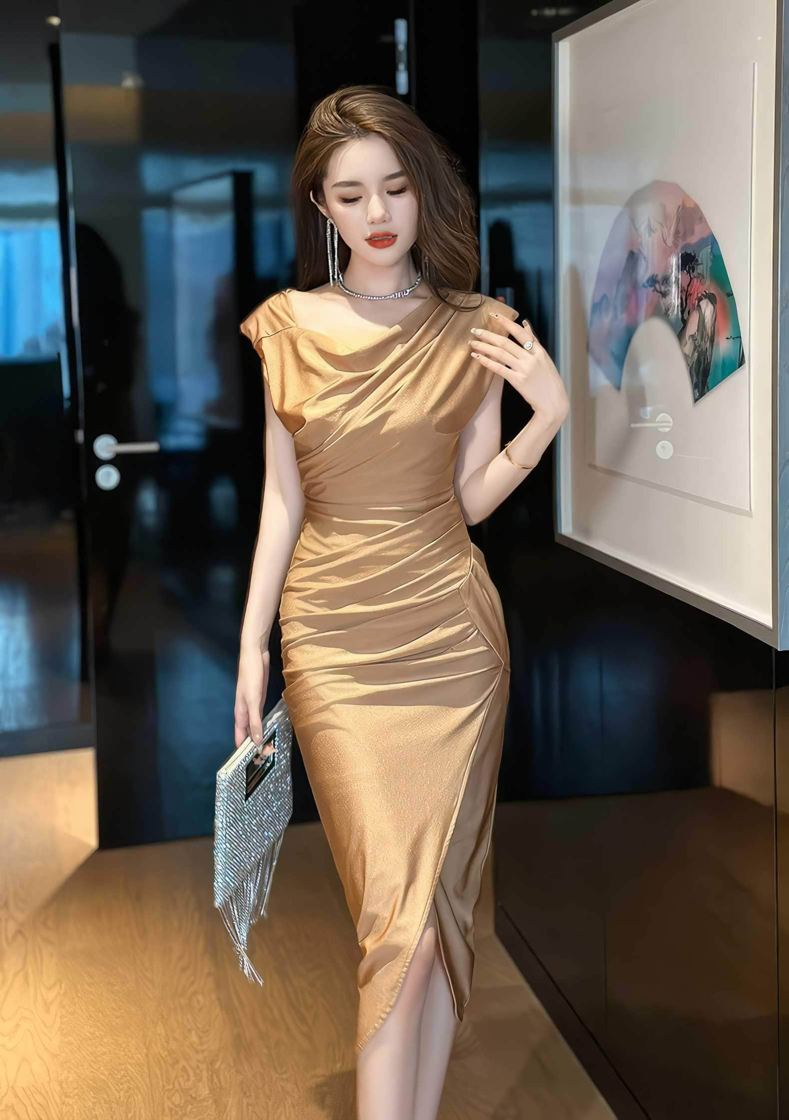 Draped Pleated Front Slit Slim Fit Dress