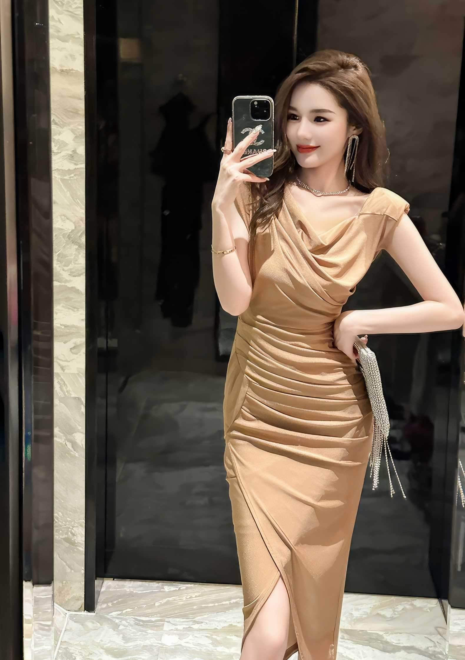 Draped Pleated Front Slit Slim Fit Dress