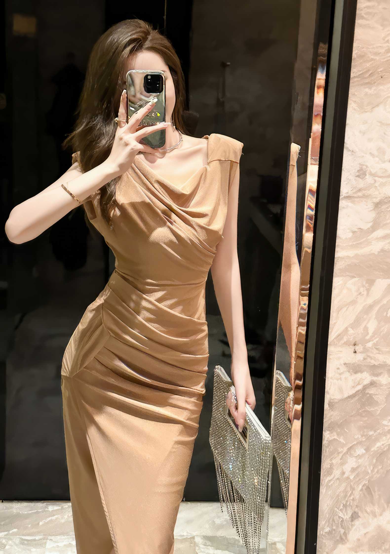 Draped Pleated Front Slit Slim Fit Dress