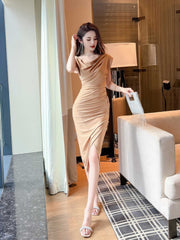 Draped Pleated Front Slit Slim Fit Dress