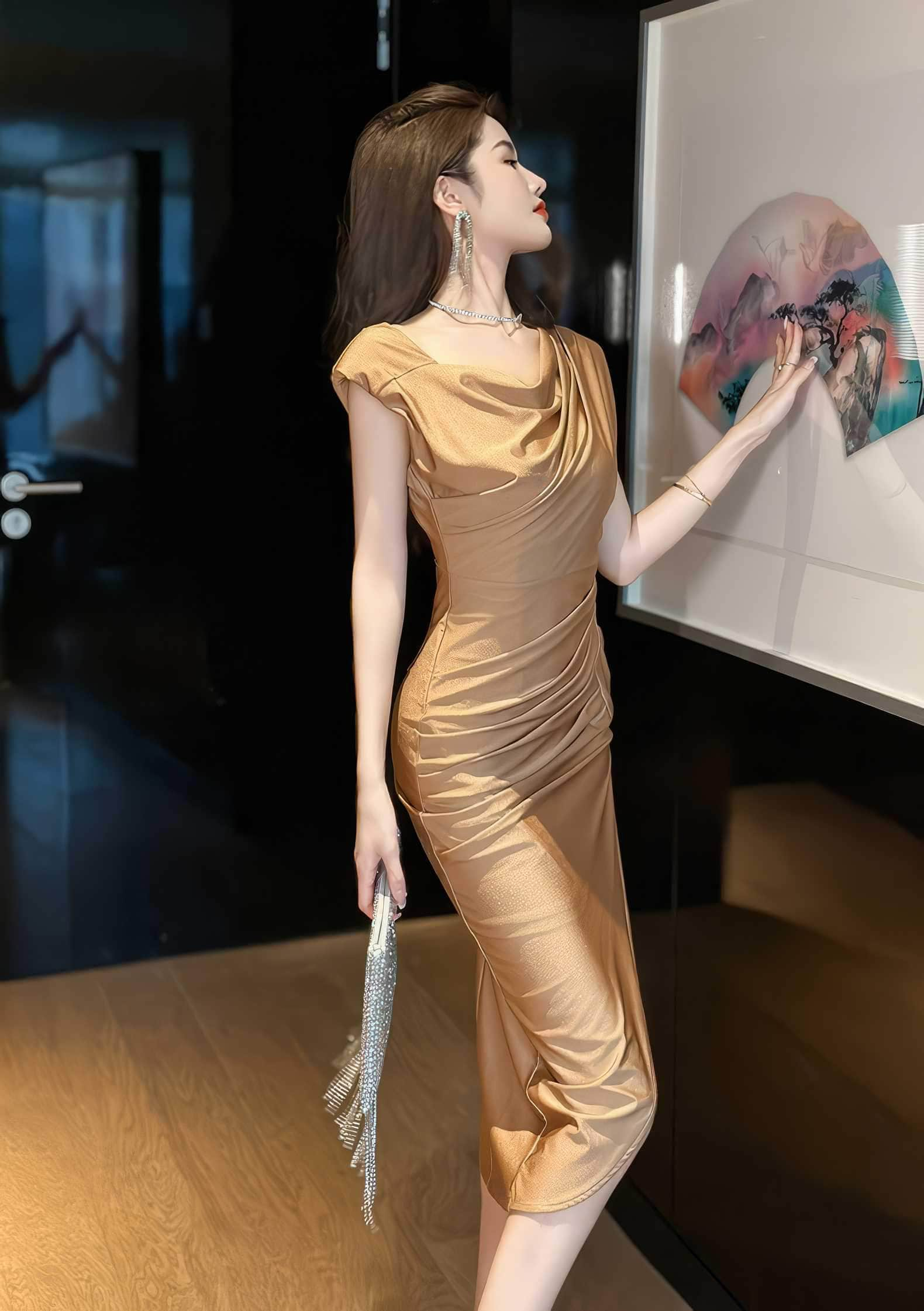 Draped Pleated Front Slit Slim Fit Dress