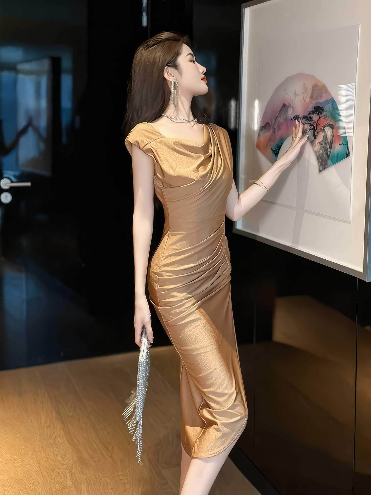 Draped Pleated Front Slit Slim Fit Dress