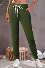 Drawstring Joggers with Pockets Army Green / S