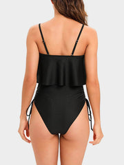 Drawstring Layered Spaghetti Strap One-Piece Swimwear