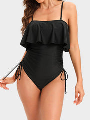 Drawstring Layered Spaghetti Strap One-Piece Swimwear Black / S