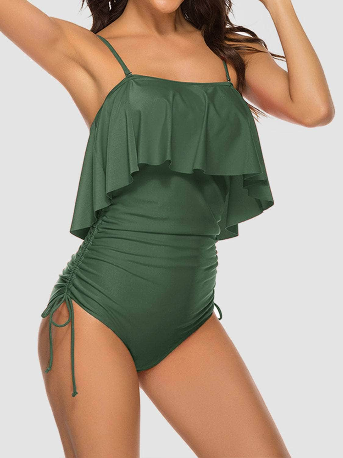 Drawstring Layered Spaghetti Strap One-Piece Swimwear Moss / S