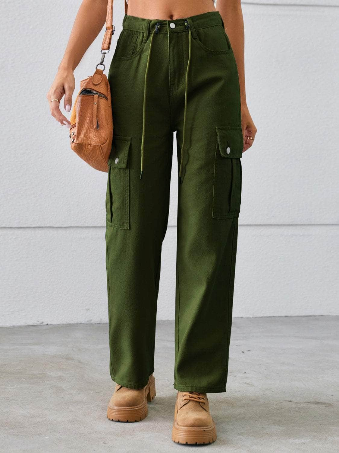 Drawstring Mid-Rise Waist Straight Cargo Jeans Army Green / S