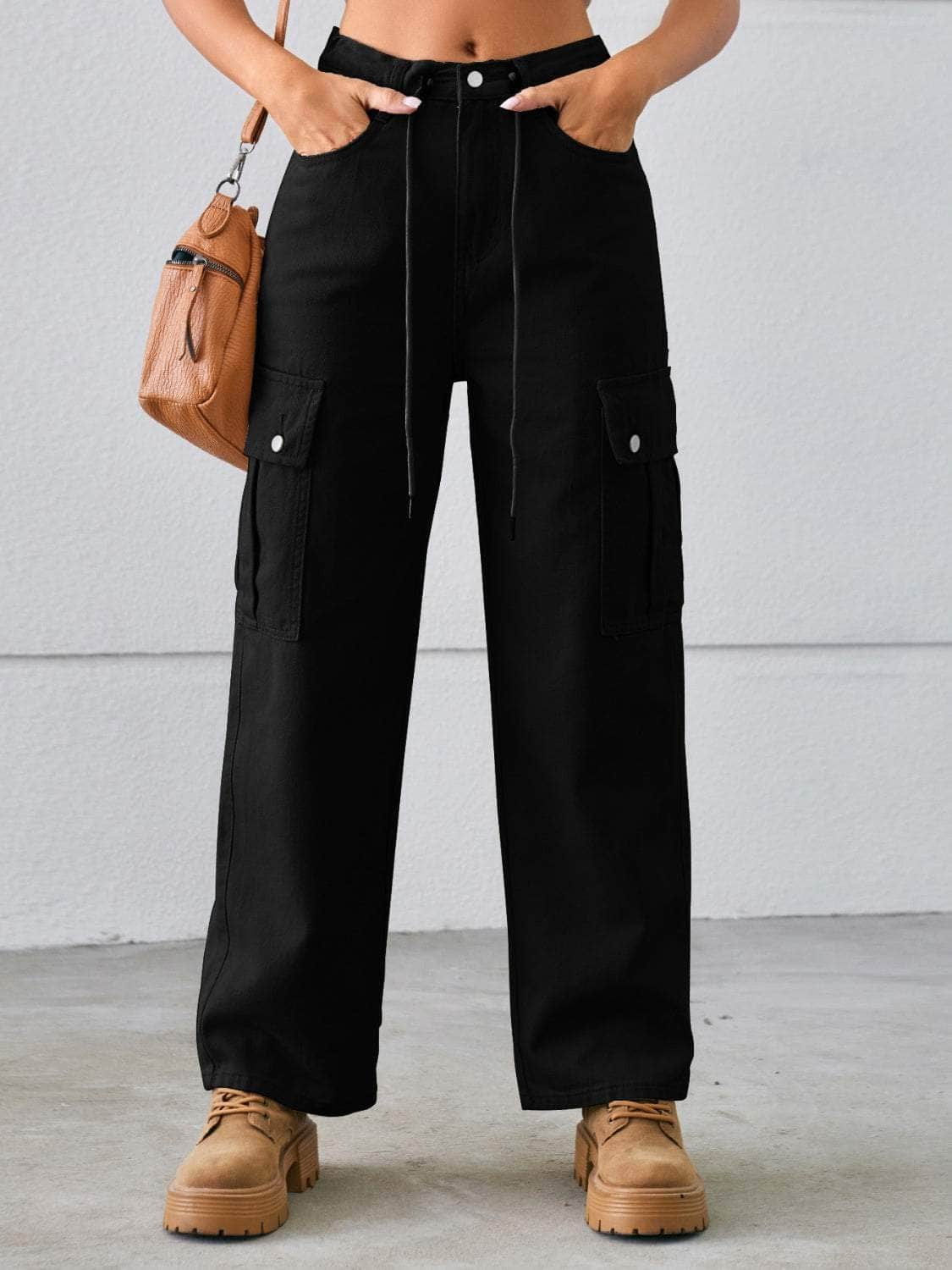 Drawstring Mid-Rise Waist Straight Cargo Jeans Black / S