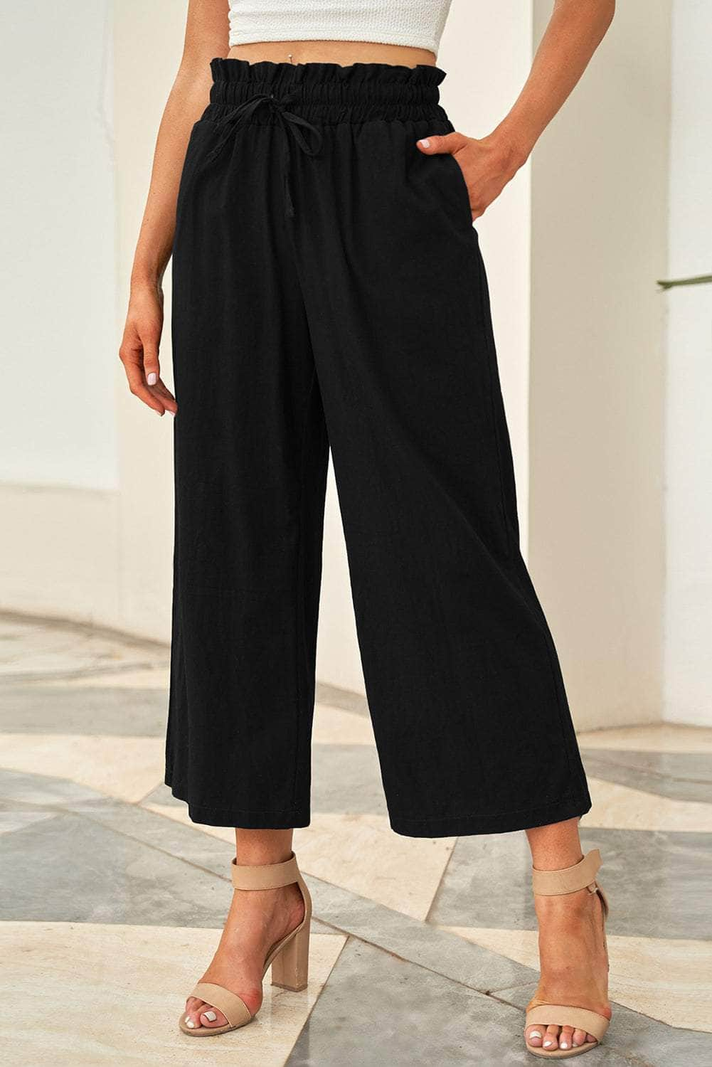 Drawstring Paperbag Waist Wide Leg Pants Black / S