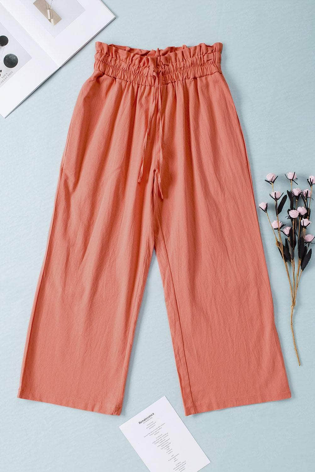 Drawstring Paperbag Waist Wide Leg Pants Coral / S