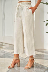 Drawstring Paperbag Waist Wide Leg Pants Ivory / S