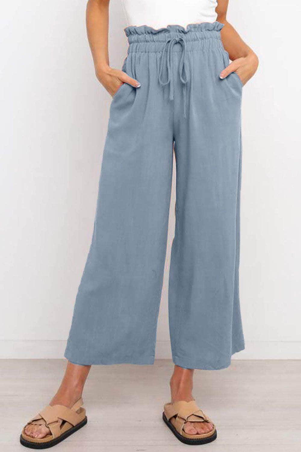 Drawstring Paperbag Waist Wide Leg Pants Misty  Blue / S