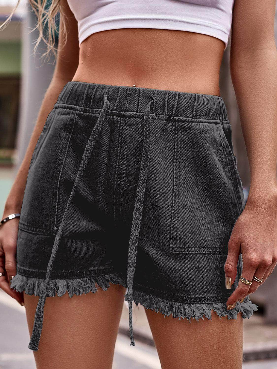 Drawstring Raw Hem Denim Shorts Dark Gray / S