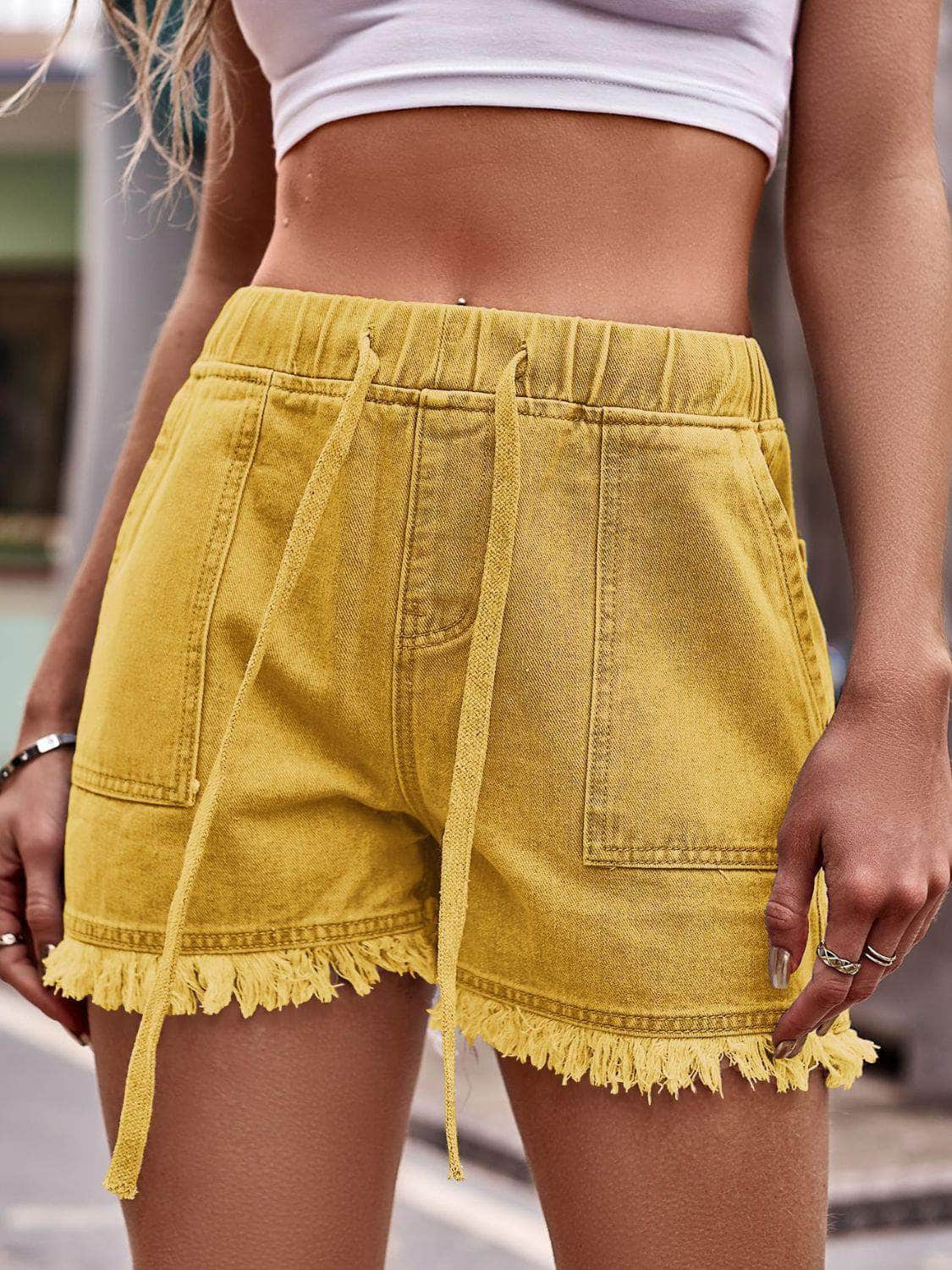 Drawstring Raw Hem Denim Shorts Honey / S