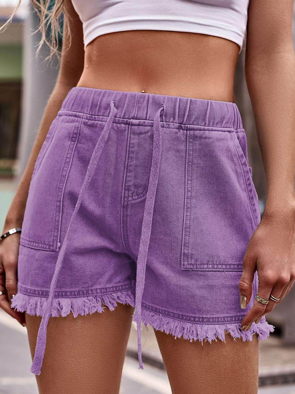 Drawstring Raw Hem Denim Shorts Purple / S