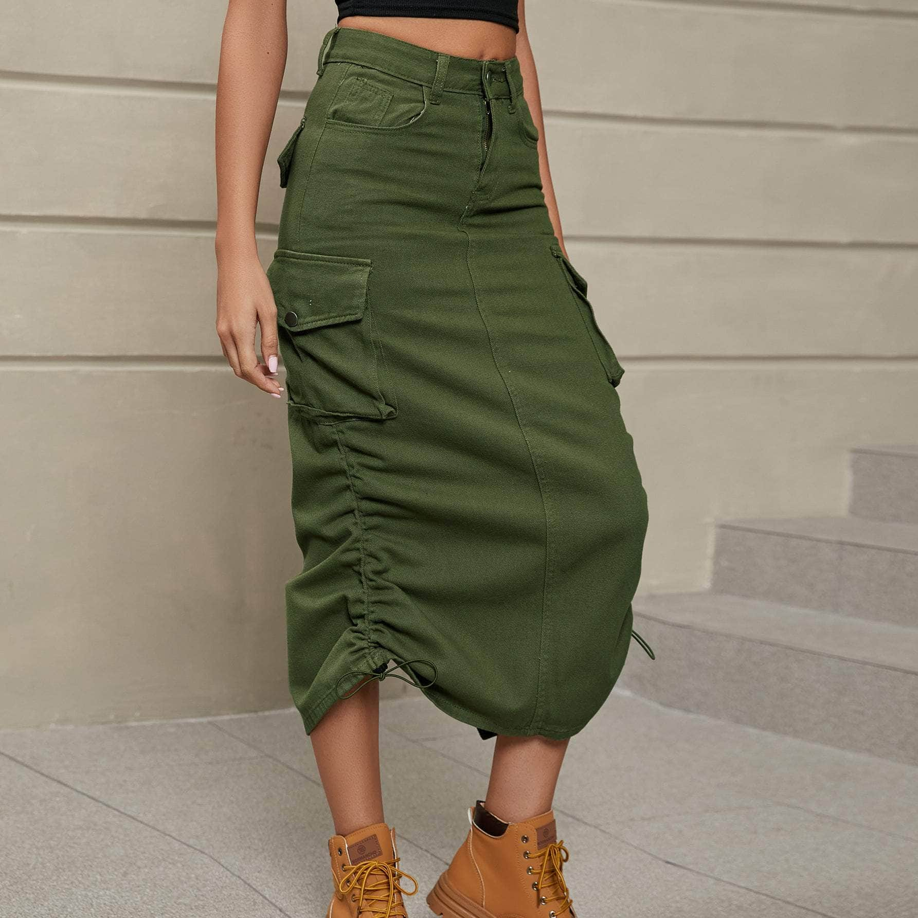 Drawstring Ruched Slit Denim Midi Skirt Army Green / S