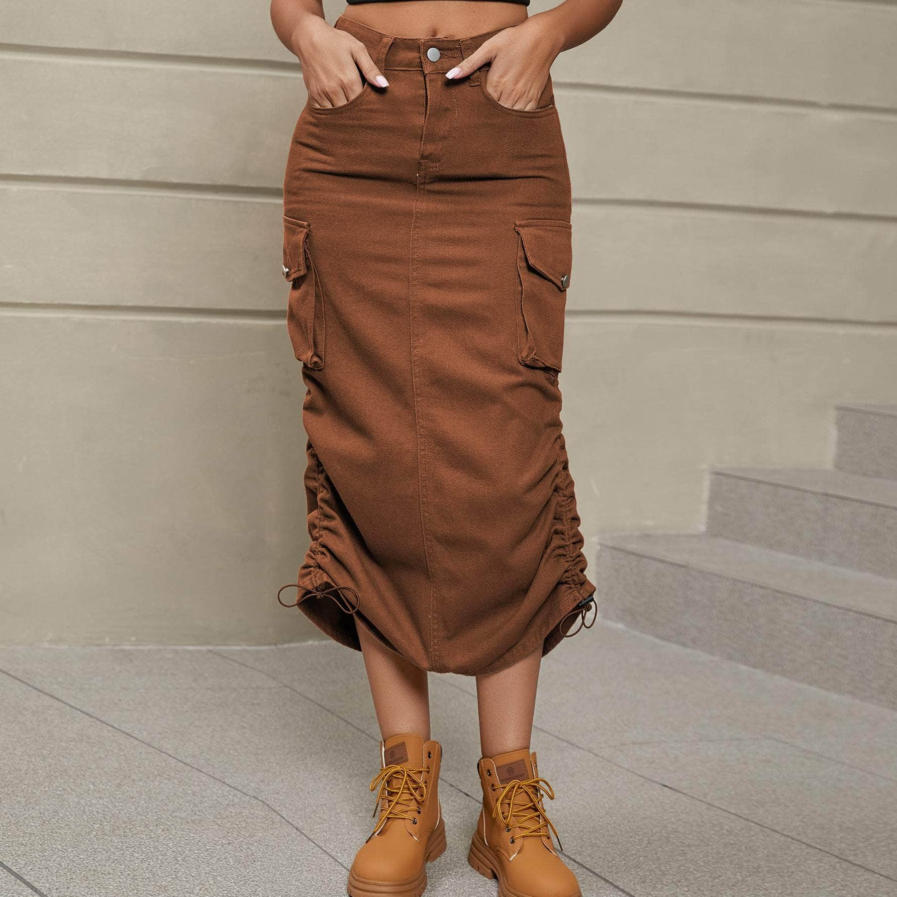 Drawstring Ruched Slit Denim Midi Skirt Chestnut / S