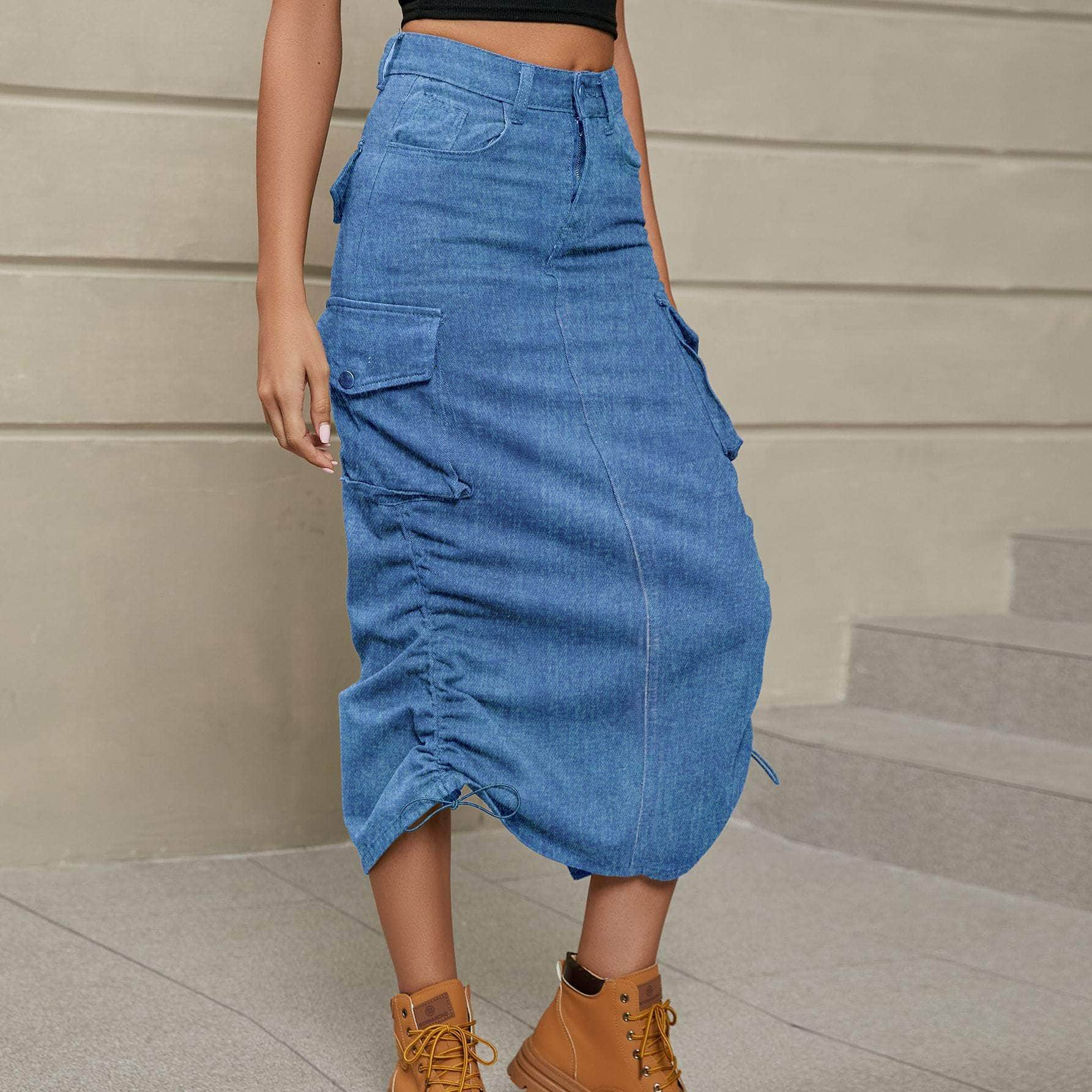 Drawstring Ruched Slit Denim Midi Skirt Denim / S