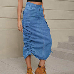 Drawstring Ruched Slit Denim Midi Skirt Denim / S