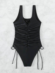 Drawstring Scoop Neck Wide Strap One-Piece Swimwear