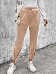 Drawstring Straight Pants with Pockets Beige / S