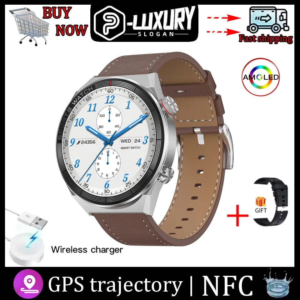 DT3 Mate Smart Watch: 1.5 Inch HD Screen, NFC, GPS Tracker silver brown leather