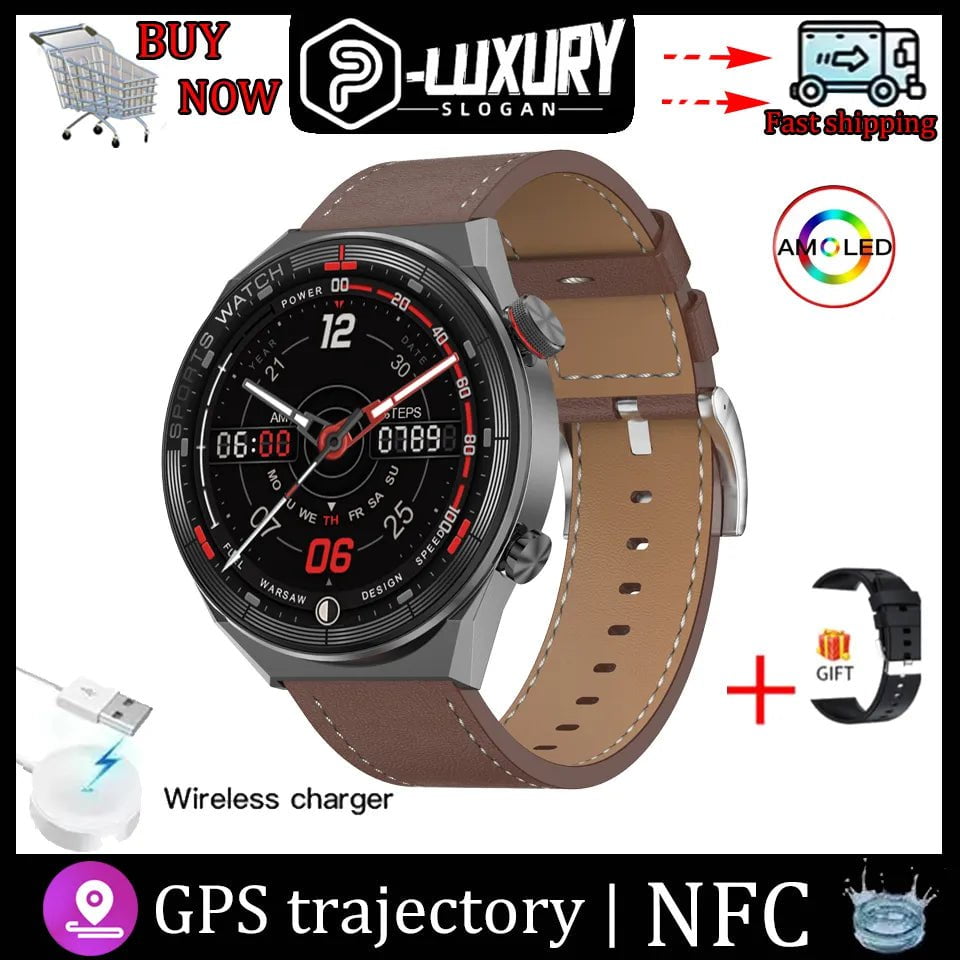 DT3 Mate Smart Watch for Men and Women: 1.5 Inch HD Screen, NFC, Digital GPS Tracker, Fitness Bracelet" black brown leather