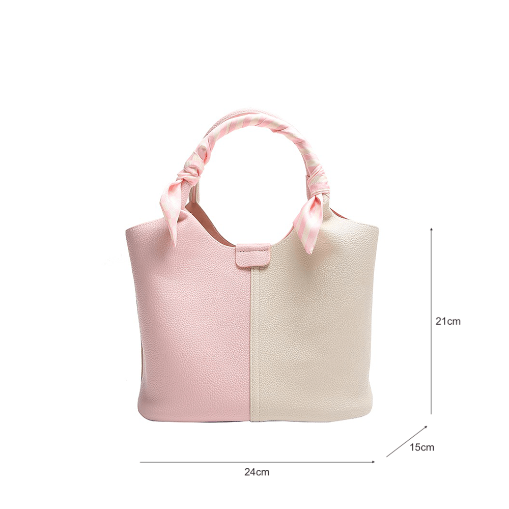 Dual-tone Top Handle Tote Bag with Scarf Accent