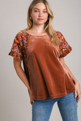 Umgee Velvet Embroidery Short Sleeve Blouse