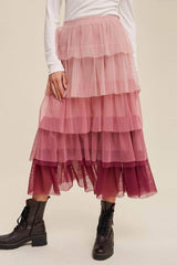 Elastic Waist Layered Tulle Midi Skirt Dusty Pink / S