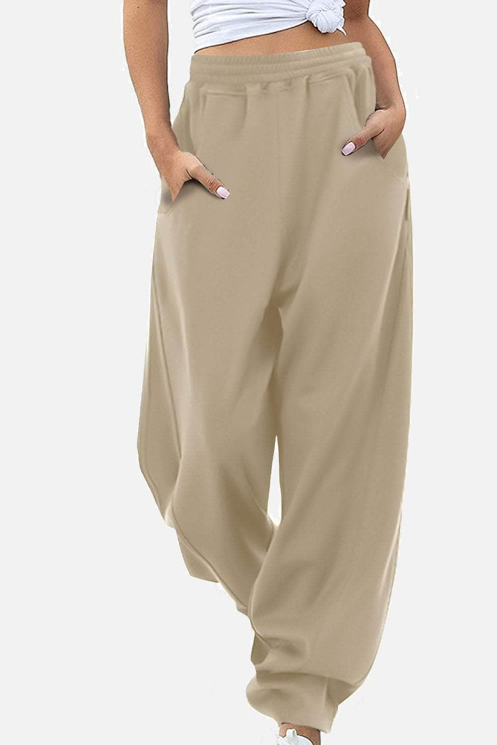 Elastic Waist Sweatpants with Pockets Khaki / S