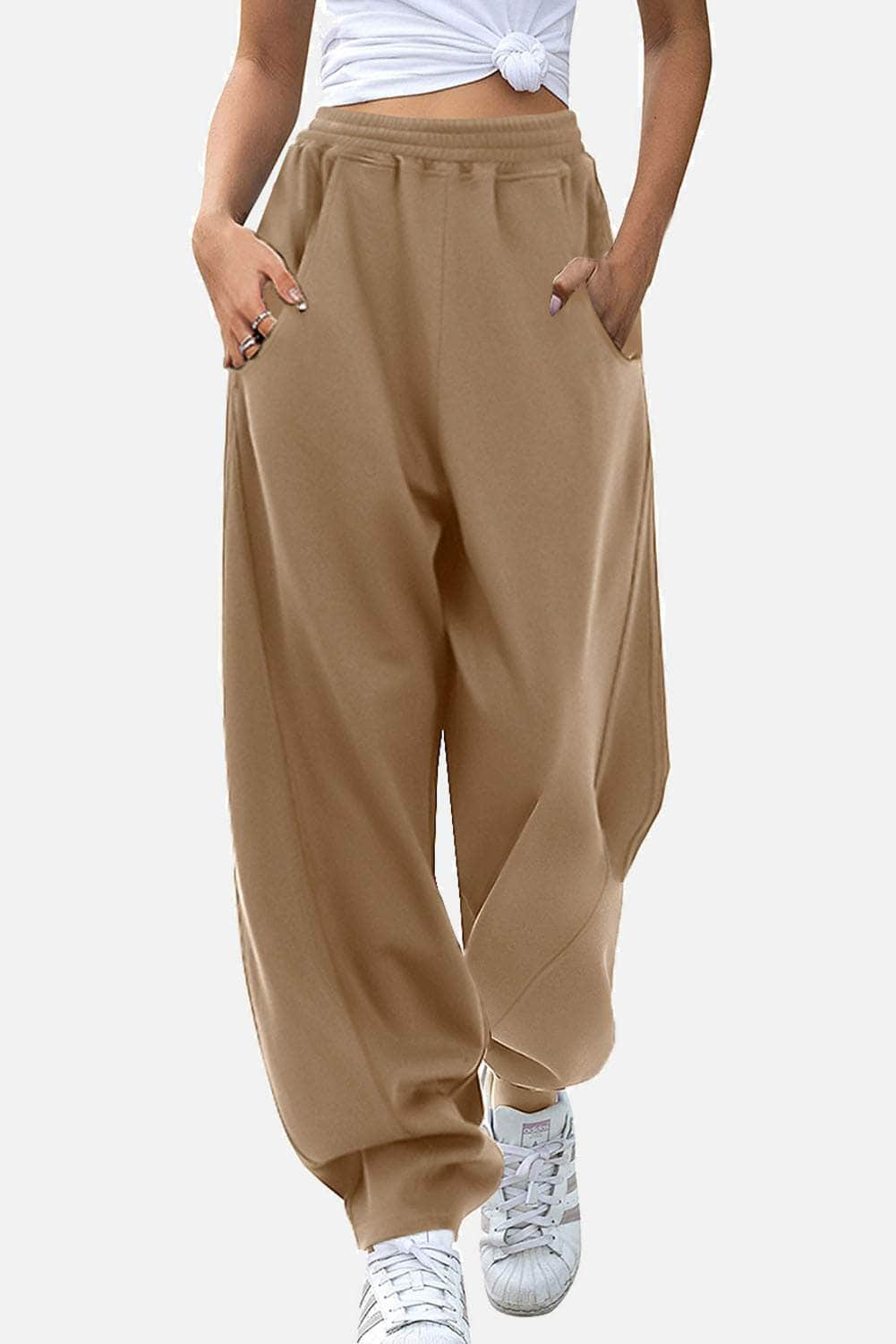 Elastic Waist Sweatpants with Pockets Sand / S