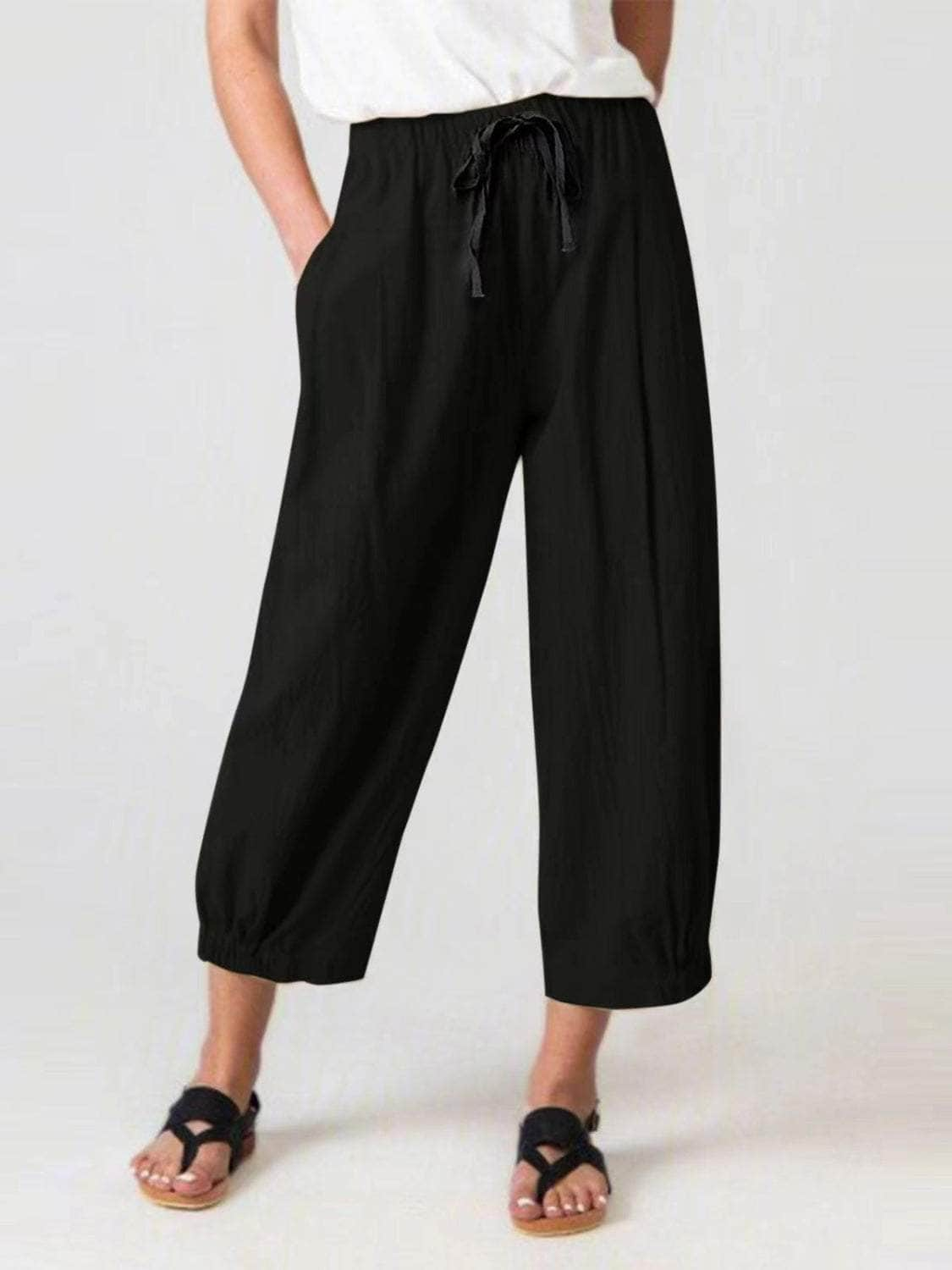 Elastic Waist Wide Leg Pants with Pockets Black / S