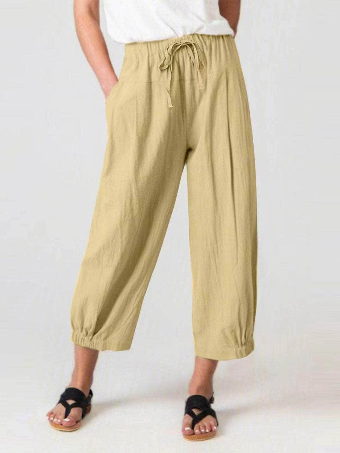 Elastic Waist Wide Leg Pants with Pockets Chartreuse / S