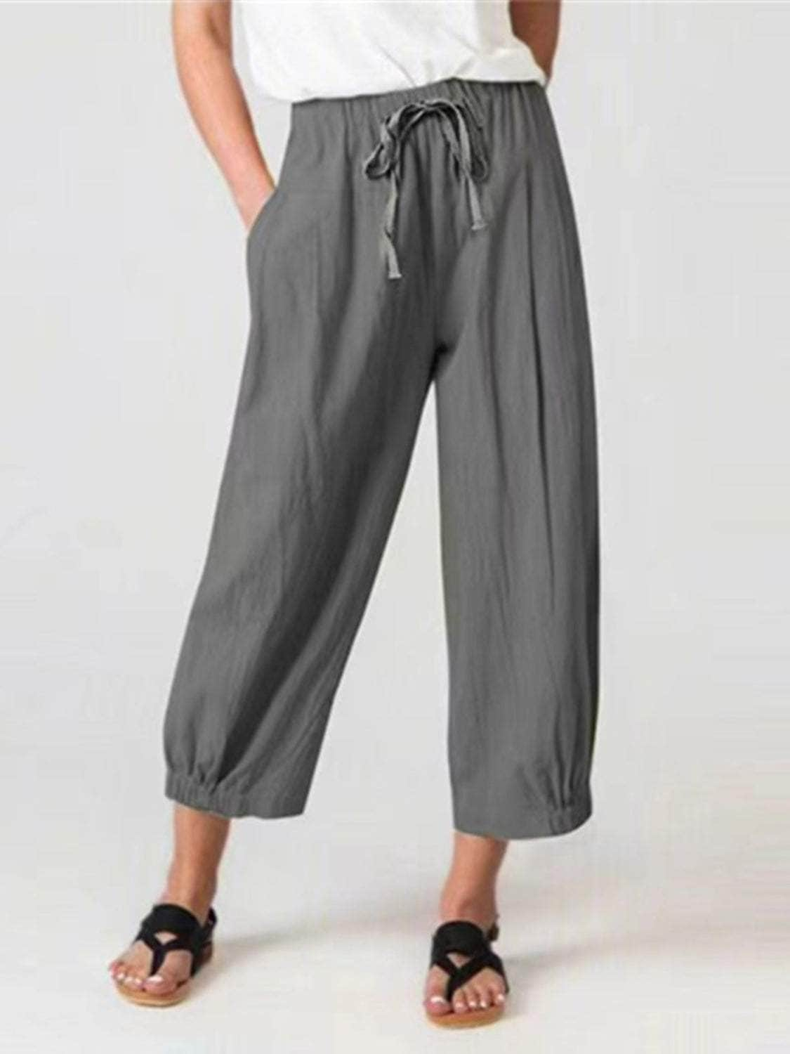 Elastic Waist Wide Leg Pants with Pockets Heather Gray / S