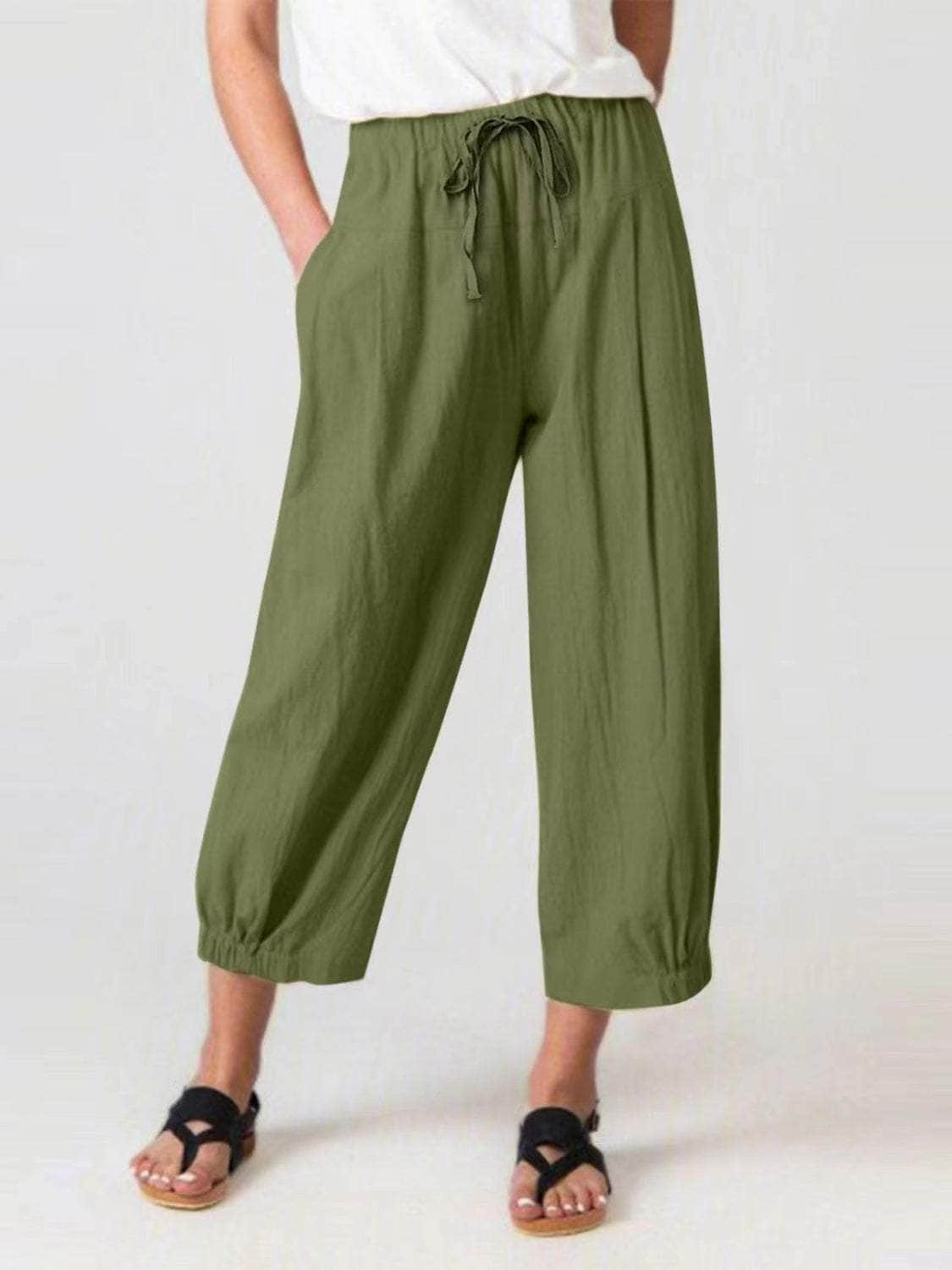 Elastic Waist Wide Leg Pants with Pockets Matcha Green / S