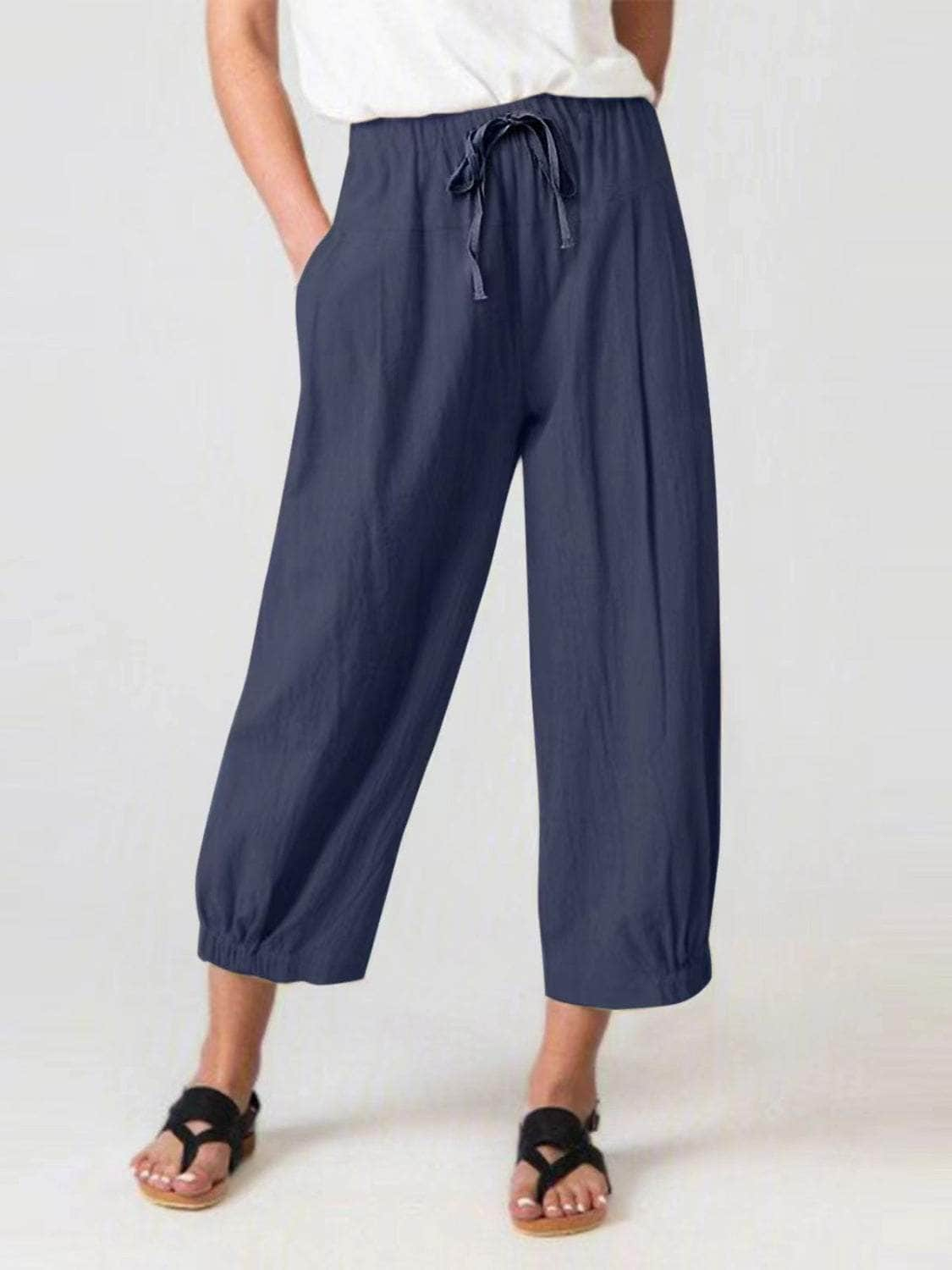 Elastic Waist Wide Leg Pants with Pockets Navy / S