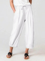 Elastic Waist Wide Leg Pants with Pockets White / S