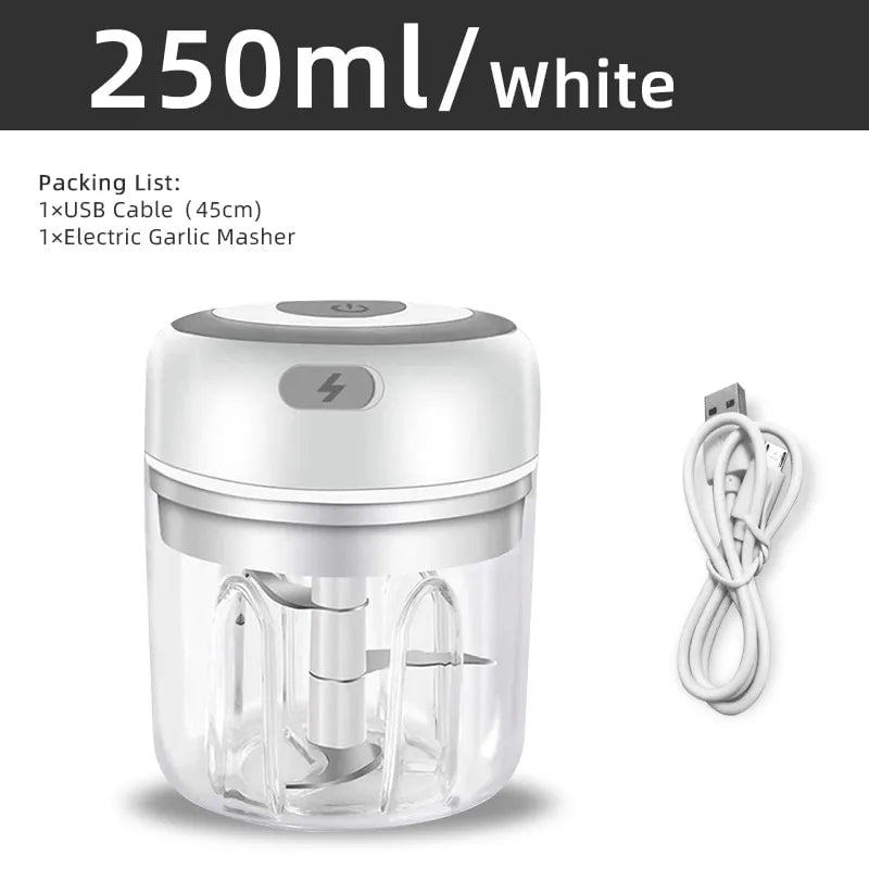 Electric Kitchen Food Chopper - Mini Garlic Masher, USB Portable Meat Grinder, Vegetable Crusher 250ml white