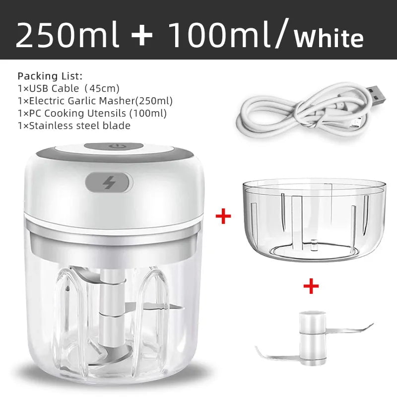 Electric Kitchen Food Chopper - Mini Garlic Masher, USB Portable Meat Grinder, Vegetable Crusher White Set