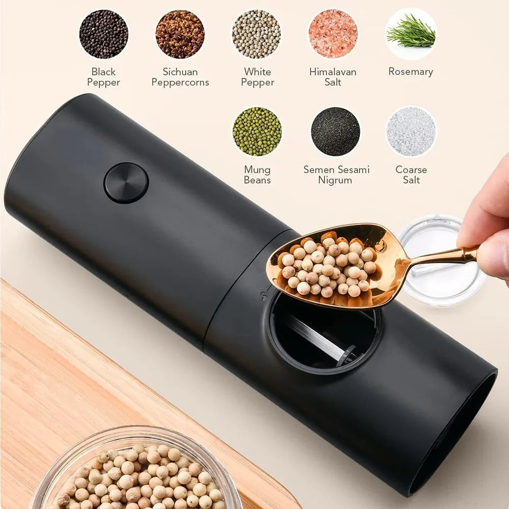 Electric Salt and Pepper Grinder - Adjustable Coarseness, Refillable Mill, Battery Powered Kitchen Automatic Gadget black