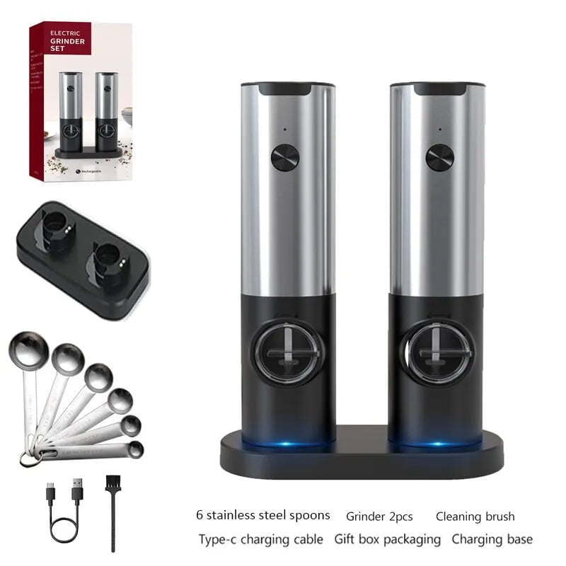 Electric Salt Grinder Set - USB Rechargeable Pepper Mill with LED Light, Adjustable Coarseness, Kitchen Tools 17C with 6 spoons
