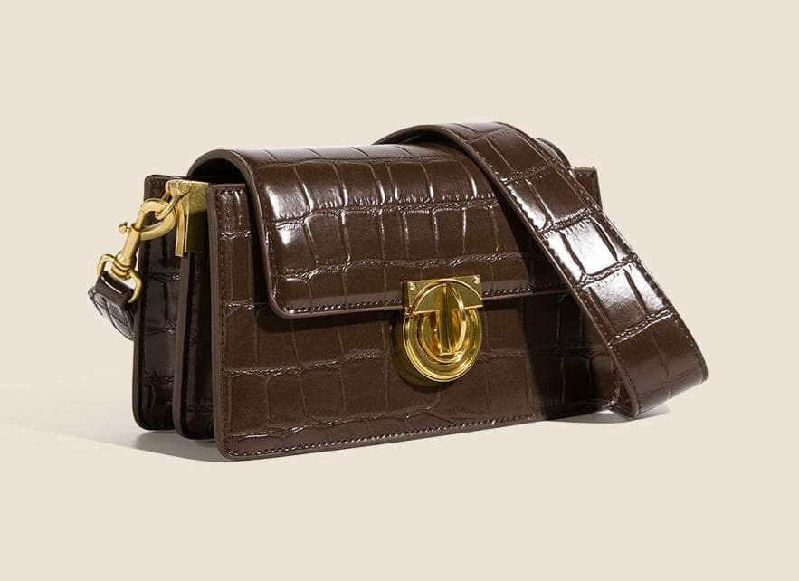 Elegant Crocodile Pattern Crossbody Flap Bag Coffee